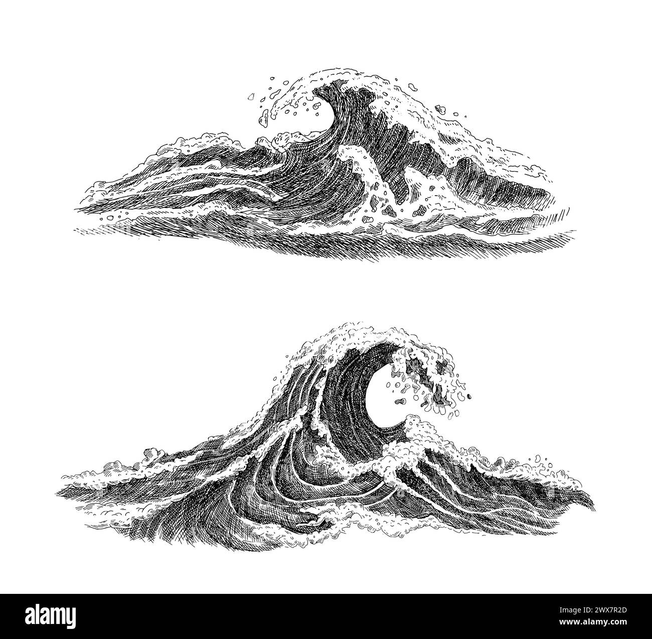 Sea wave sketch. Hand drawn ocean tidal storm waves isolated on white background for surfing and seascape. Vector illustration. Stock Vector