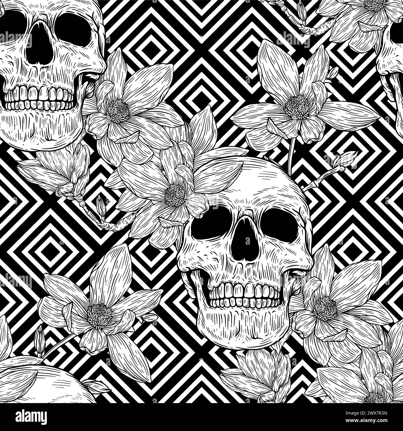 Vector seamless pattern with skulls in black background in retro ...