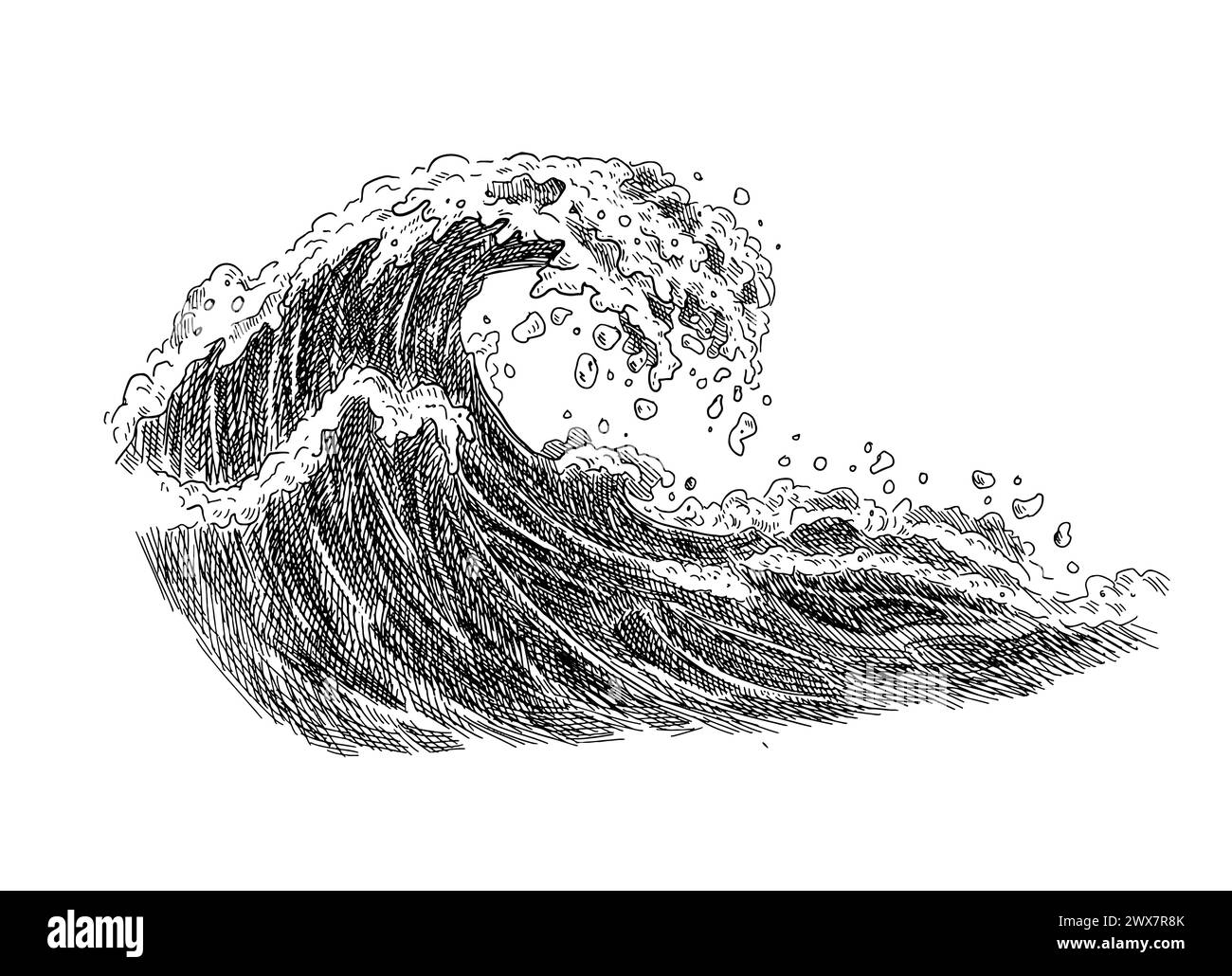 Sea wave sketch. Hand drawn ocean tidal storm waves isolated on white background for surfing and seascape. Vector illustration. Stock Vector
