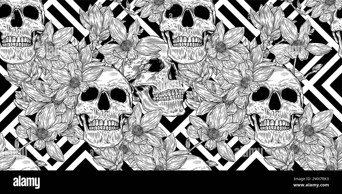 Vector seamless pattern with skulls in black background in retro ...