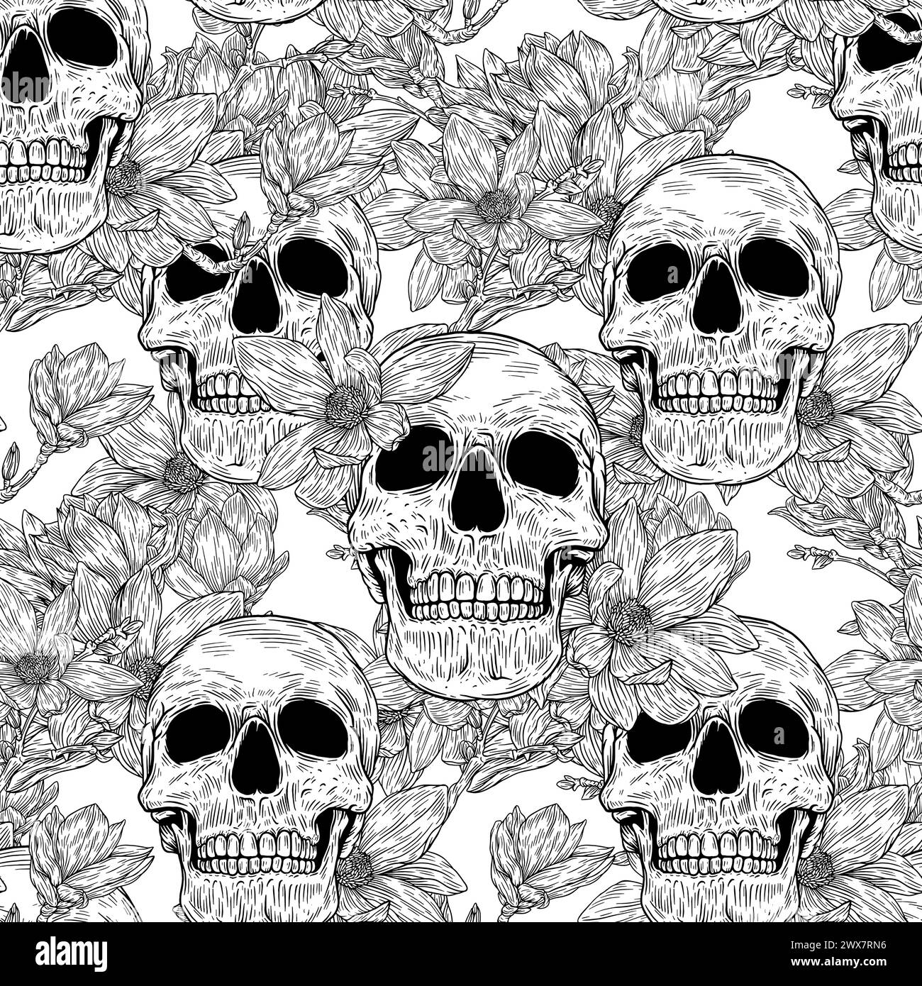 Vector seamless pattern with skulls in black background in retro ...