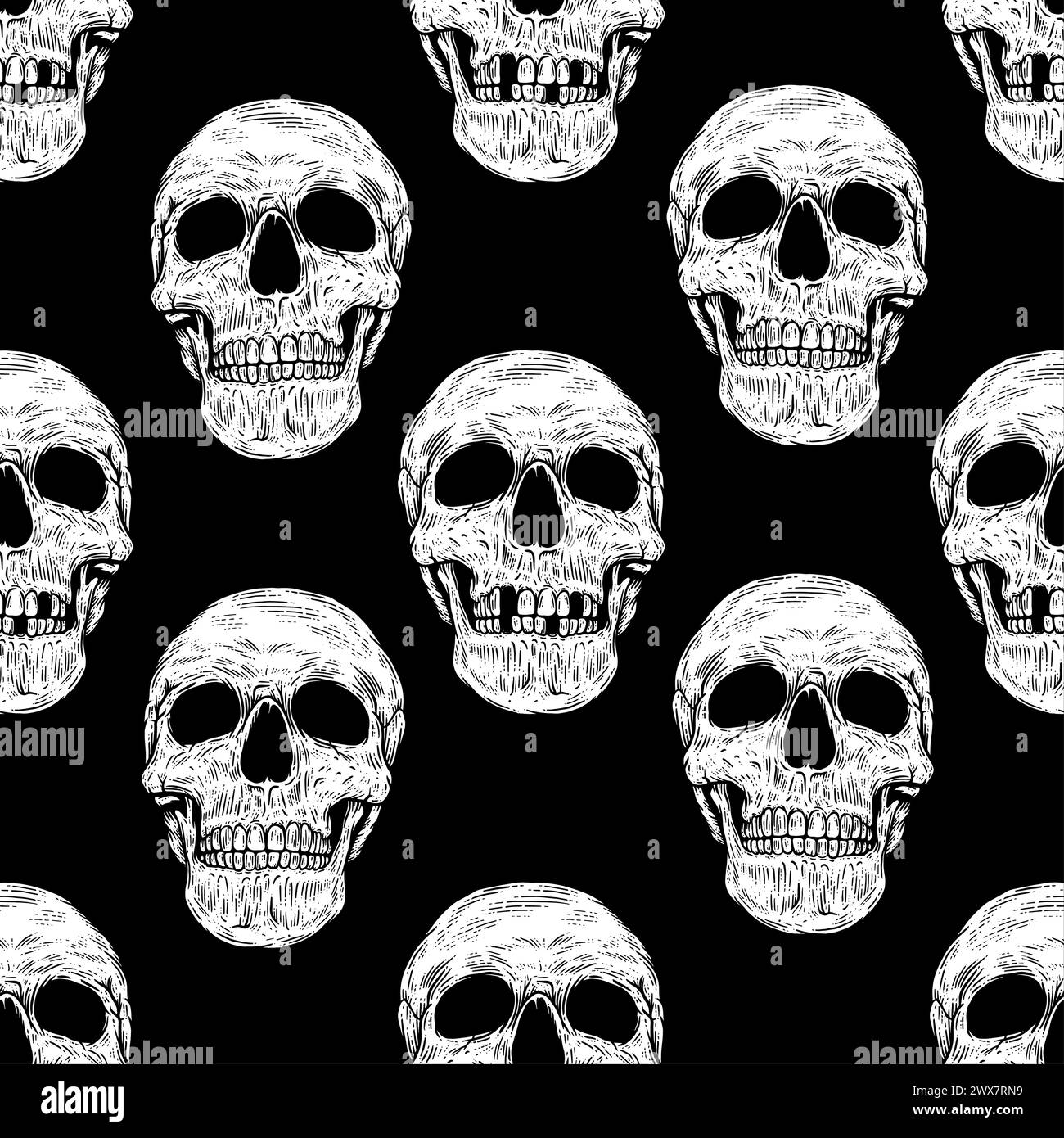 Vector seamless pattern with skulls in black background in retro ...