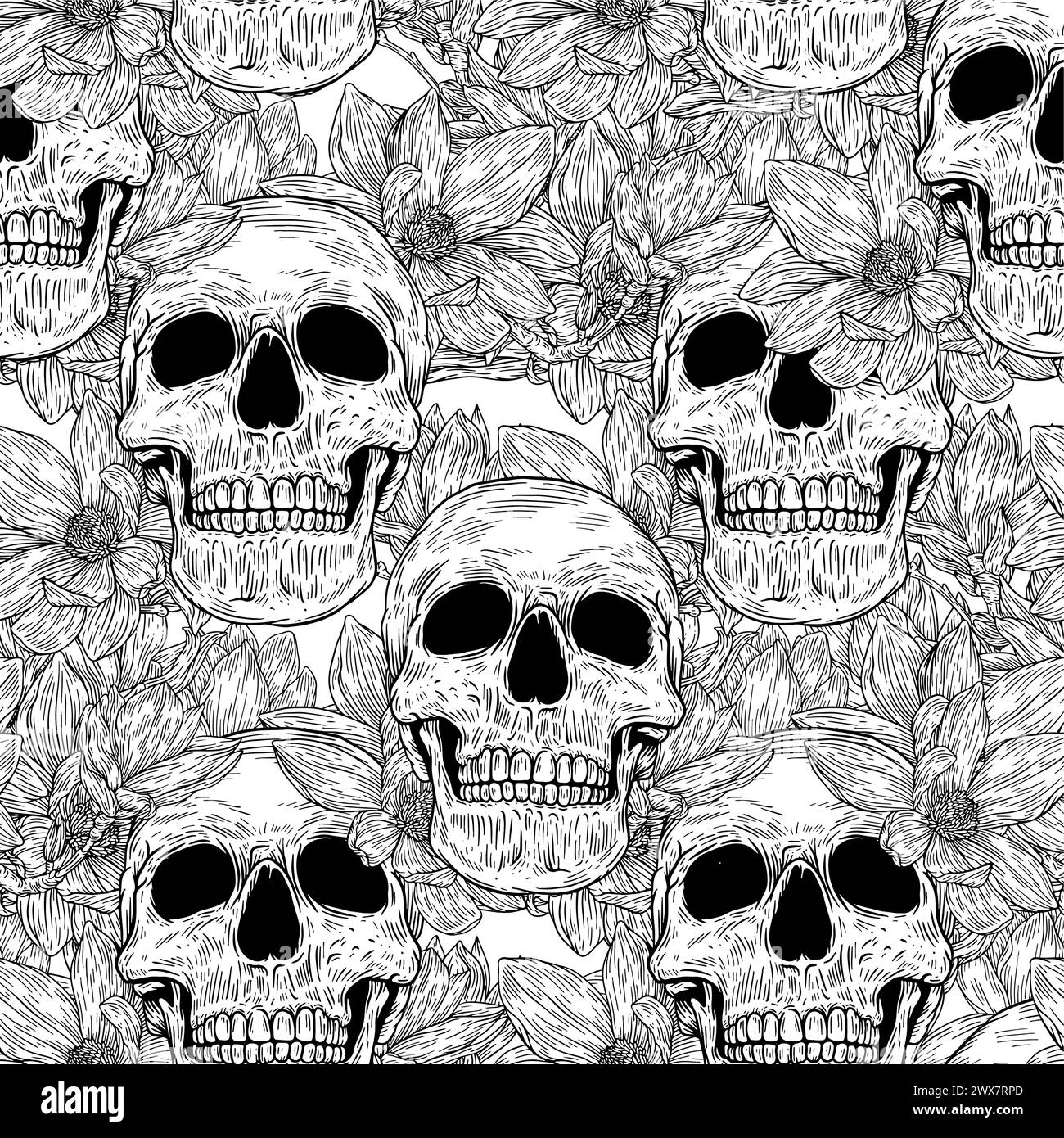 Vector seamless pattern with skulls in black background in retro ...