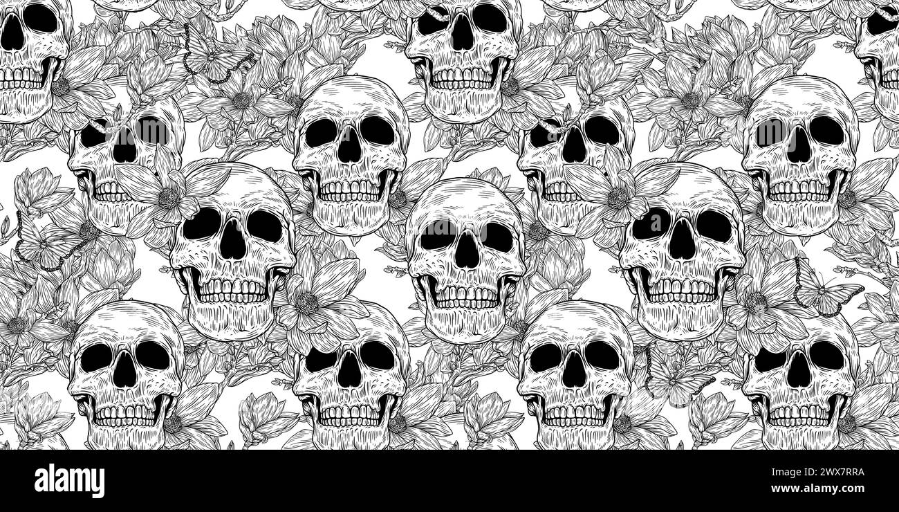 Vector seamless pattern with skulls in black background in retro ...