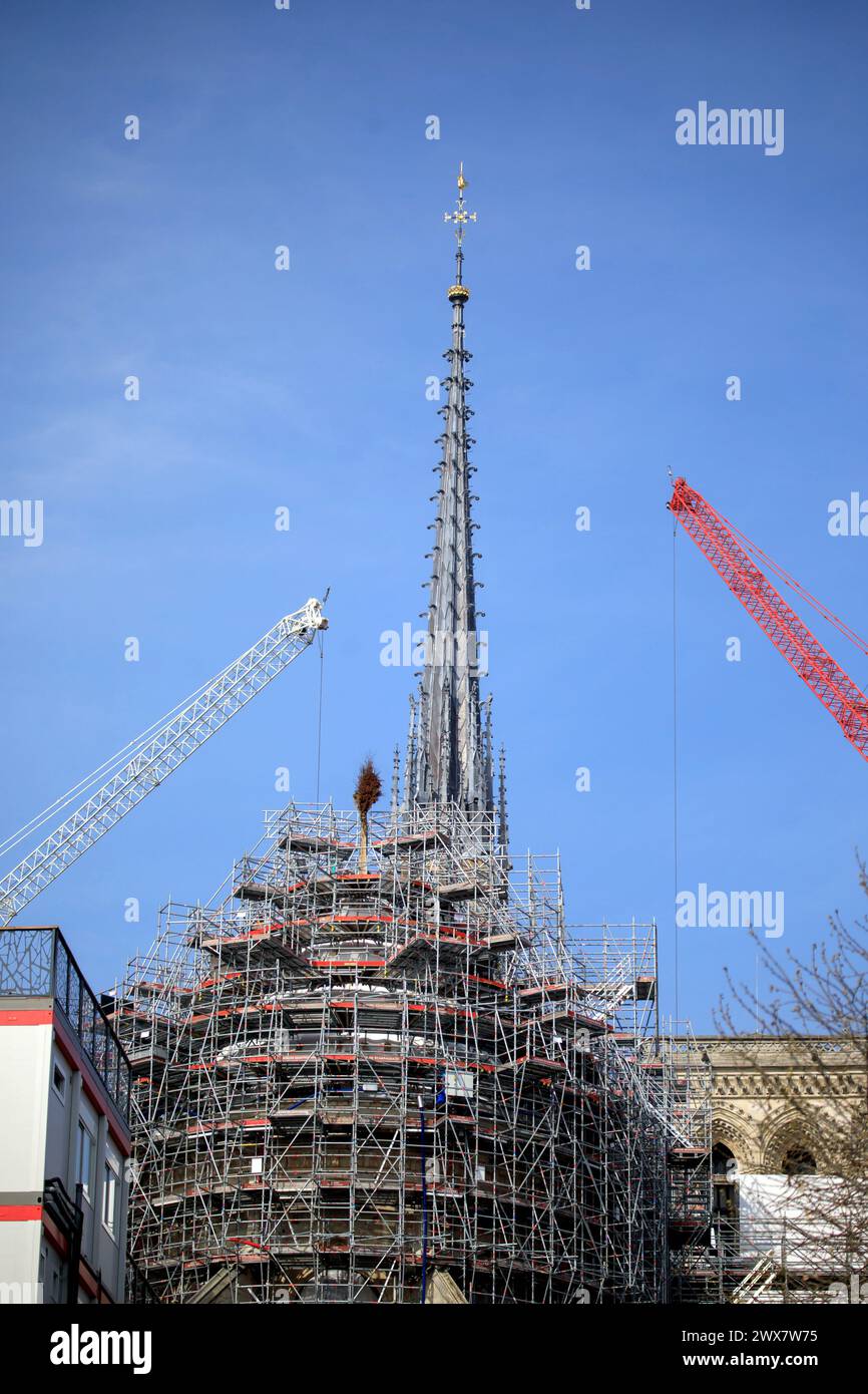 France, Ile-de-France region, Paris Île de la Cité, 4th arrondissement, Île de la Cité, Notre-Dame de Paris 2024 cathedral worksite, installation of the new spire. 21 March 2024 Stock Photo