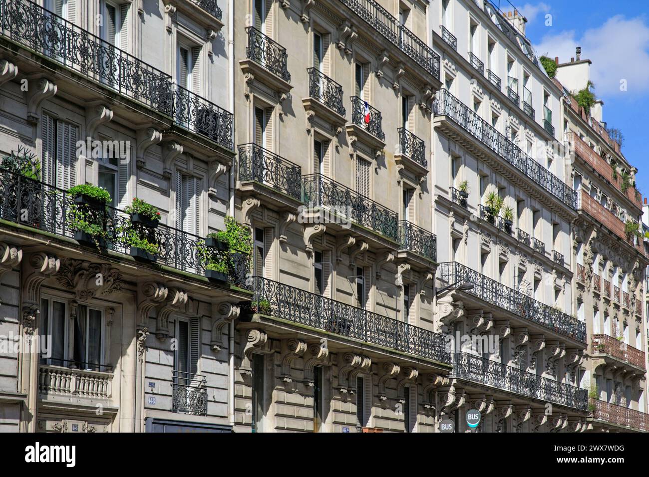 France, Ile-de-France region, Paris rive Gauche, Montparnasse, 6th arrondissement, rue de Rennes, Haussmann façade and balconies. 19 March 2027 Stock Photo