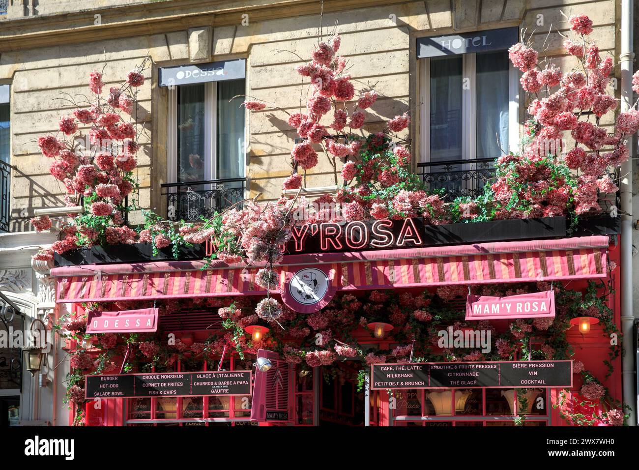 France, Ile-de-France region, Paris rive Gauche, Montparnasse, 14th arrondissement, rue d'Odessa, Mamy Rosa, floral restaurant, 19 March 2024 Stock Photo