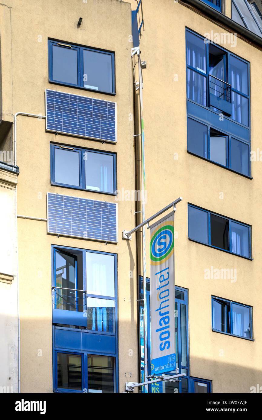 France, Ile-de-France region, Paris rive Gauche, Montparnasse, 14th arrondissement, rue Boulard, Solar hotel, eco-responsible hotel with solar panels on the façade. 20 March 2024 Stock Photo