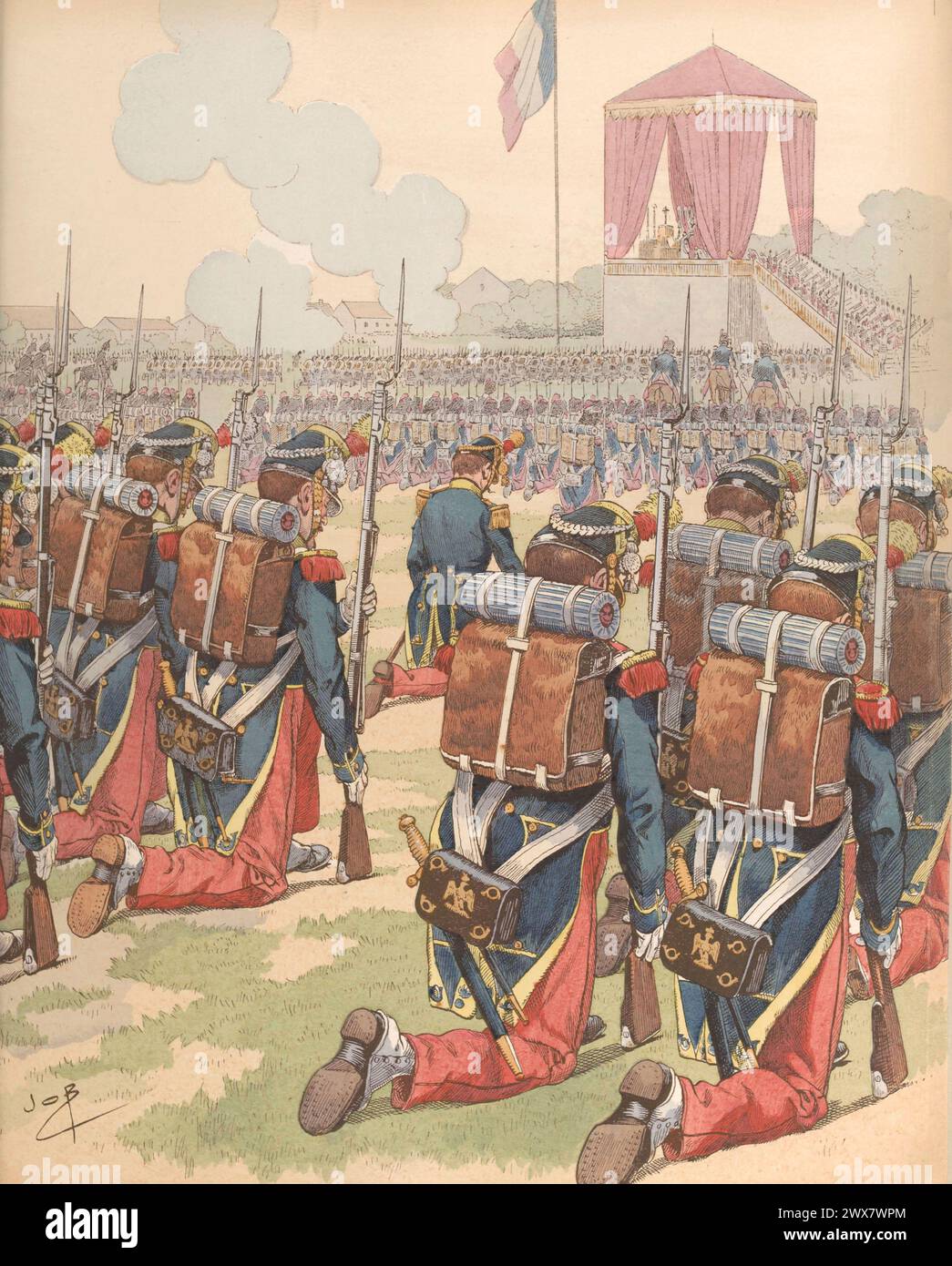Military review at the camp de Châlons in front of Nicolas II of Russia in 1896.  Illustration by Job published in the book 'Allons, Enfants de la Patrie !...' by Jean Richepin. Published by A. Mame et fils in 1920. Stock Photo