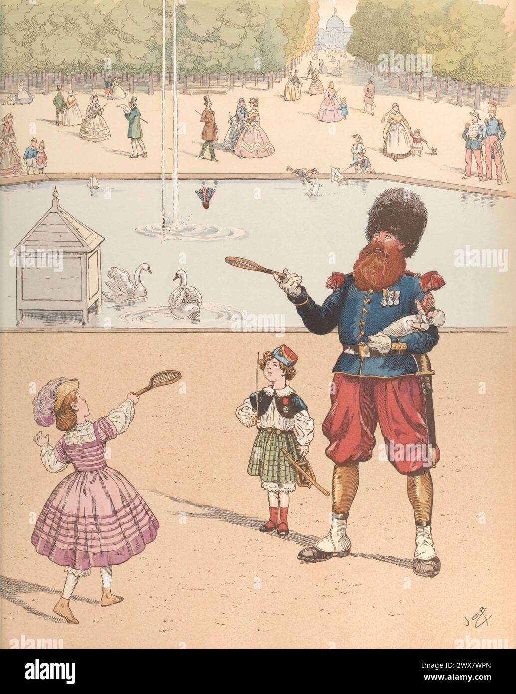 French sapper looking after children in the Luxembourg Garden, Paris, 1875.  Illustration by Job published in the book 'Allons, Enfants de la Patrie !...' by Jean Richepin. Published by A. Mame et fils in 1920. Stock Photo