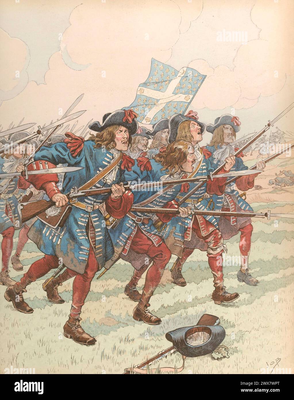 Use of the first bayonets by French soldiers of the Royal Artillery Regiment in 1671.  Illustration by Job published in the book 'Allons, Enfants de la Patrie !...' by Jean Richepin. Published by A. Mame et fils in 1920. Stock Photo