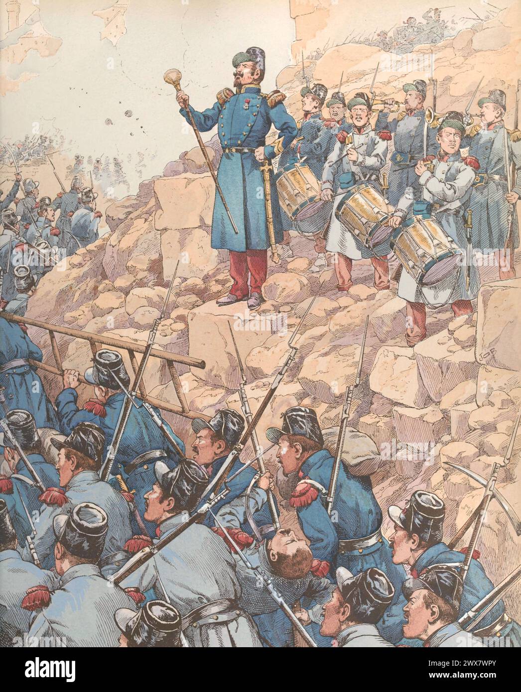 French Drum major during the siege of Constantine in 1837.  Illustration by Job published in the book 'Allons, Enfants de la Patrie !...' by Jean Richepin. Published by A. Mame et fils in 1920. Stock Photo