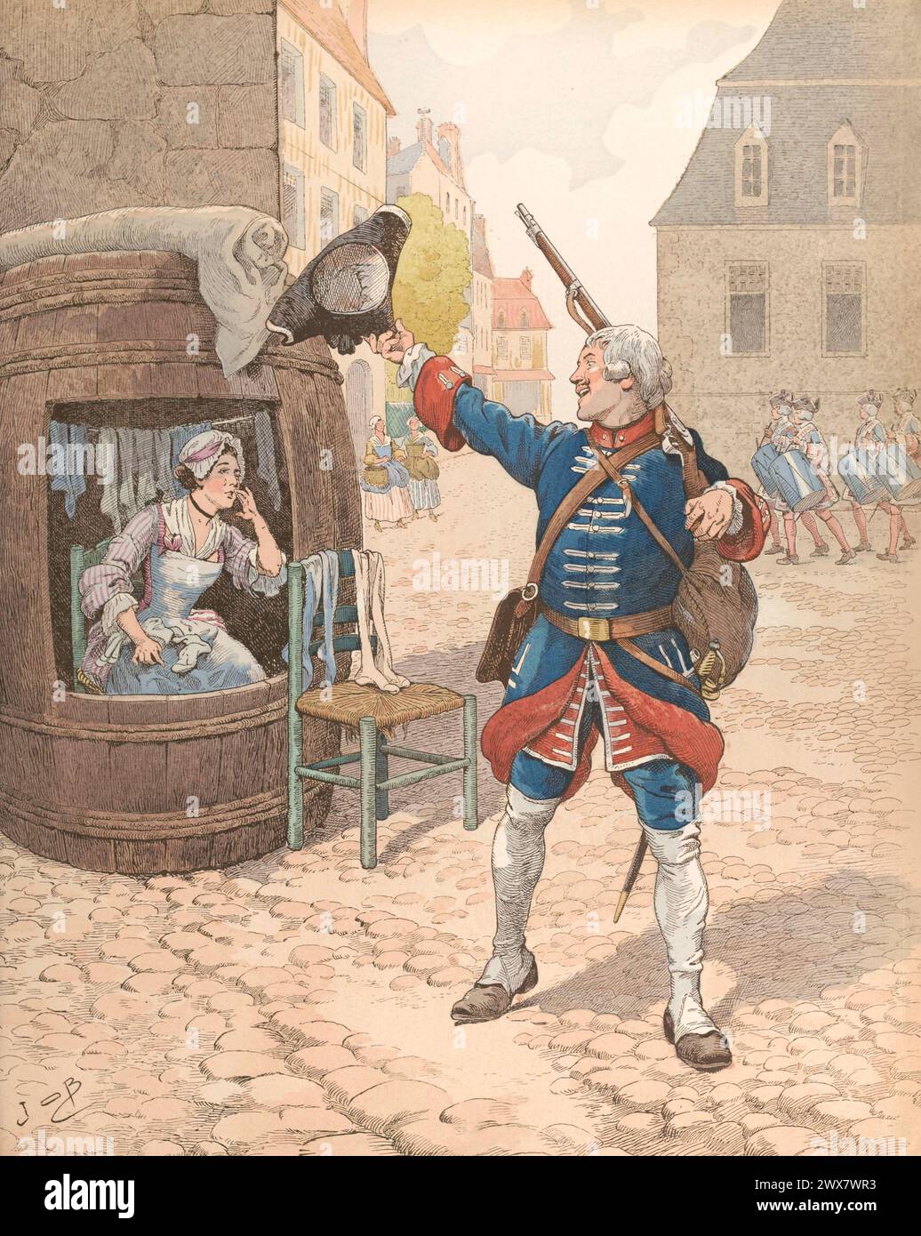Fanfan la Tulipe in soldier's uniform during the reign of Louis XV, King of France (18th century).  Illustration by Job published in the book 'Allons, Enfants de la Patrie !...' by Jean Richepin. Published by A. Mame et fils in 1920. Stock Photo