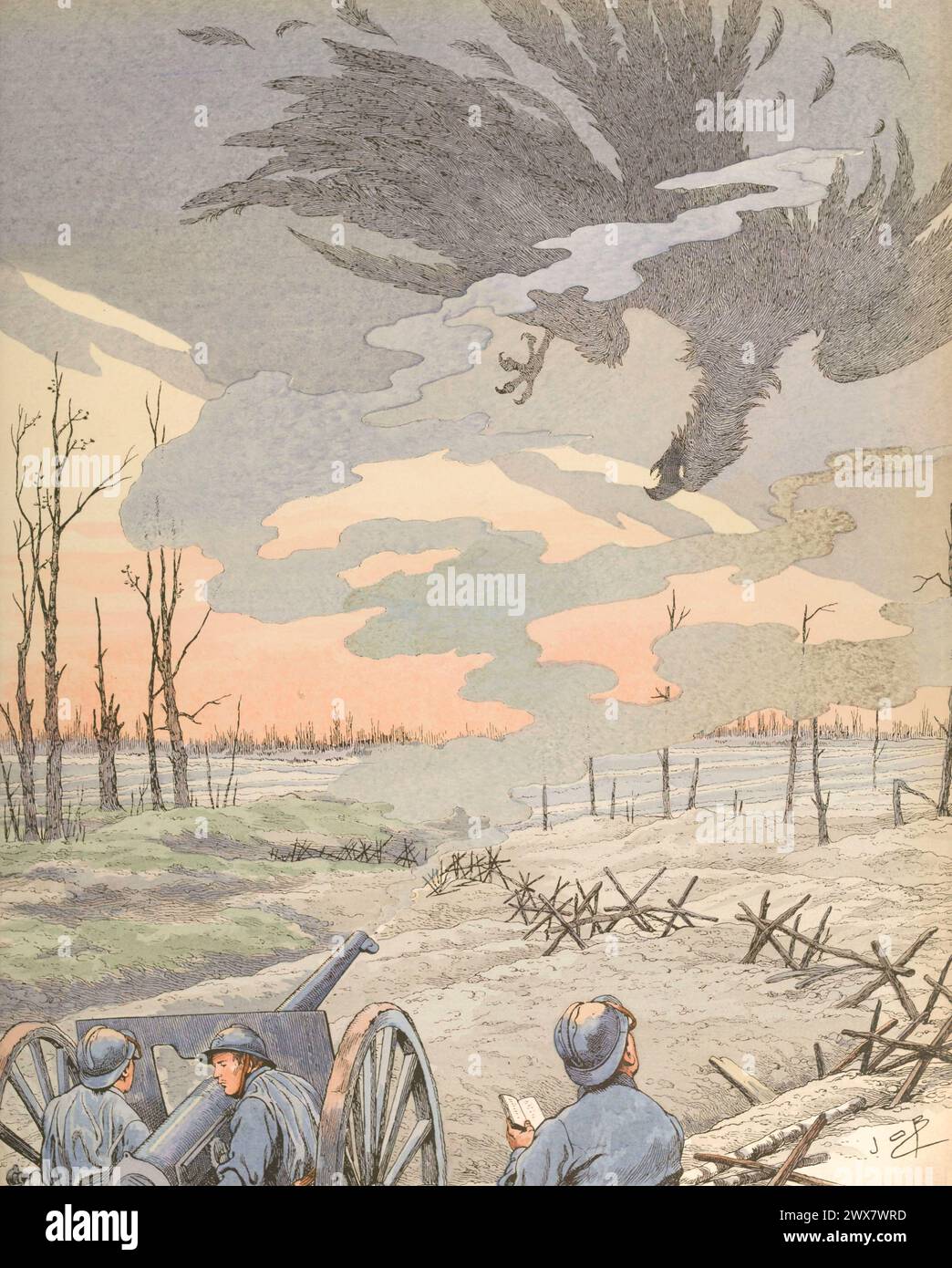 French artillery soldiers firing a shell at the German enemy (symbolised by an eagle silhouette) using a 75 mm field gun.  Illustration by Job published in the book 'Allons, Enfants de la Patrie !...' by Jean Richepin. Published by A. Mame et fils in 1920. Stock Photo