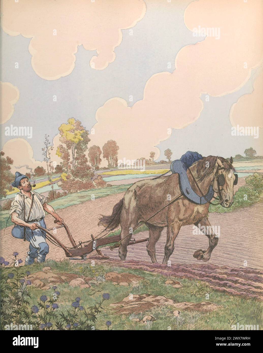 Back to the land: French peasant returning to work after the First World War.  Illustration by Job published in the book 'Allons, Enfants de la Patrie !...' by Jean Richepin. Published by A. Mame et fils in 1920. Stock Photo