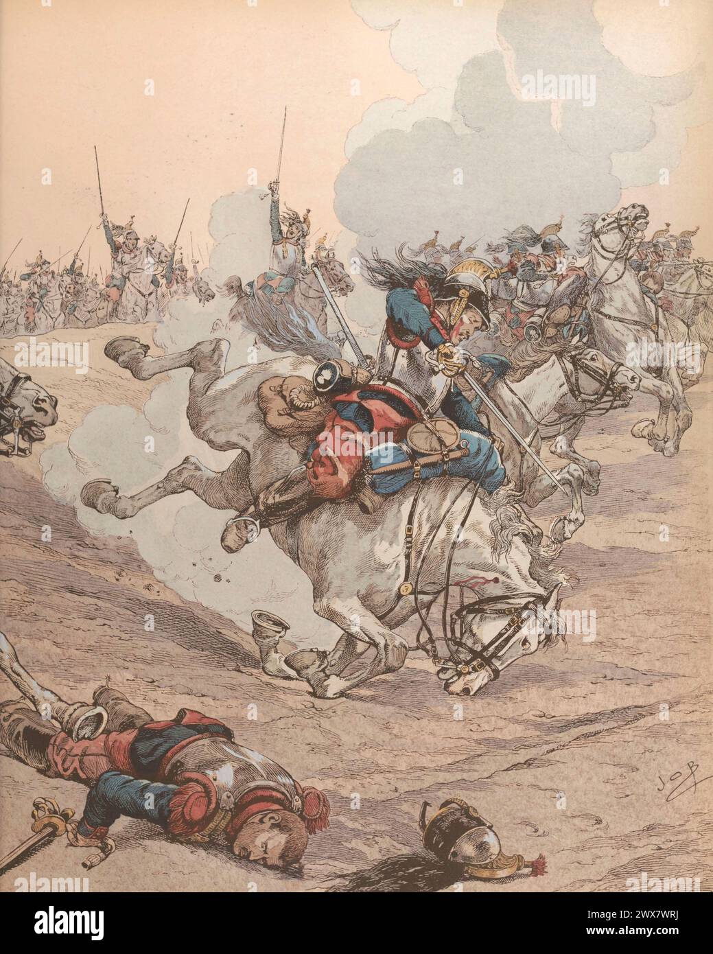 Franco-Prussian War of 1870-1871: French cuirassiers charge at the Battle of Wörth, 6 August 1870.  Illustration by Job published in the book 'Allons, Enfants de la Patrie !...' by Jean Richepin. Published by A. Mame et fils in 1920. Stock Photo