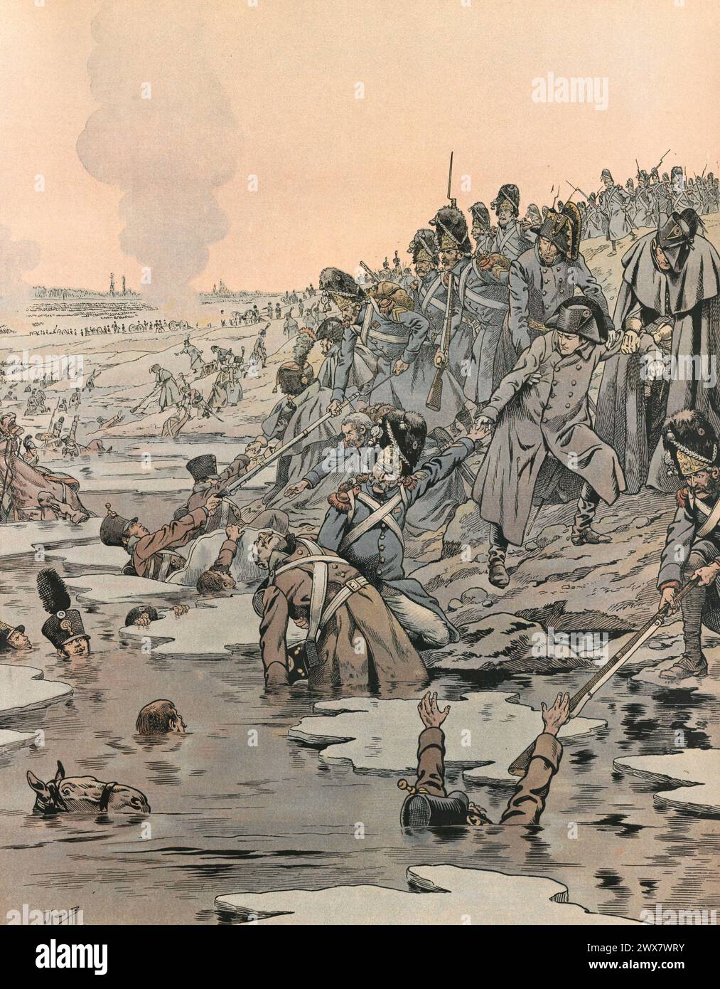 Napoleon I helping soldiers of the Grande Armée, as well as Russians, to go out of a muddy lake. Battle of Austerlitz, 2 December 1805.  Illustration by Job from the book 'Napoléon' written by Georges Montorgueil, published in 1921 by Boivin (Paris). Stock Photo