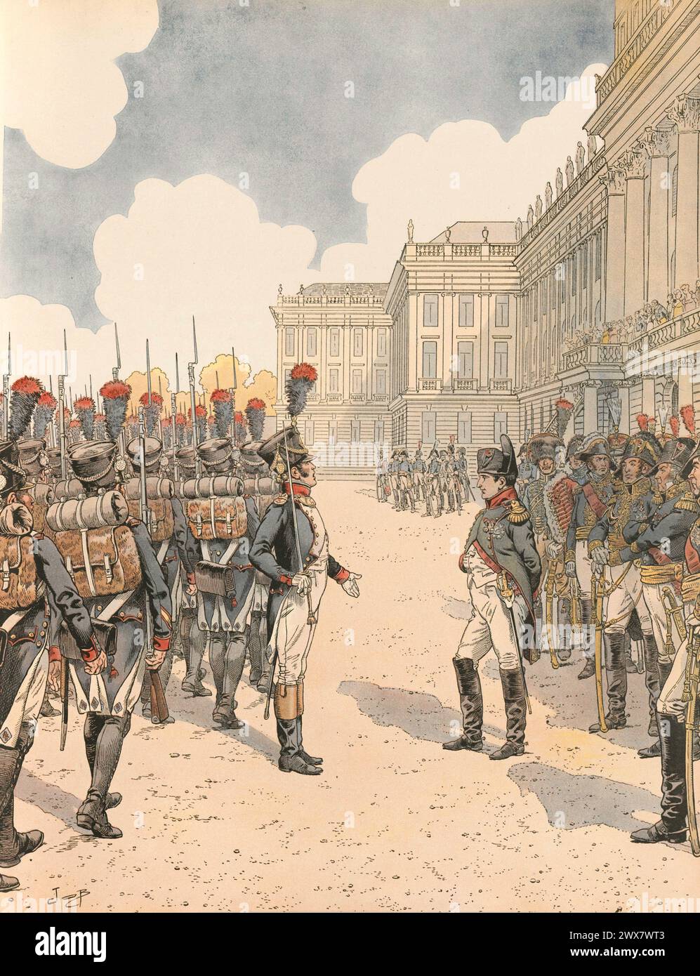 Review of Napoleon I's army at Schönbrunn (Austria) in 1809.  Illustration by Job from the book 'Napoléon' written by Georges Montorgueil, published in 1921 by Boivin (Paris). Stock Photo