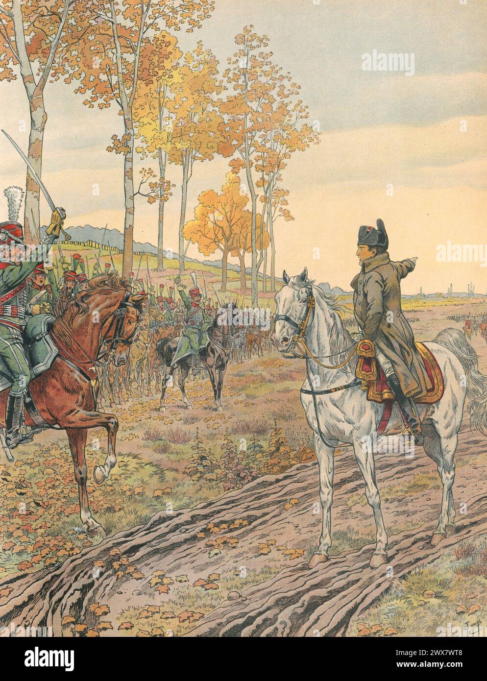 Prussia asking Napoleon I to leave Germany after the victory of the Grande Armée at Austerlitz in December 1805.  Illustration by Job from the book 'Napoléon' written by Georges Montorgueil, published in 1921 by Boivin (Paris). Stock Photo