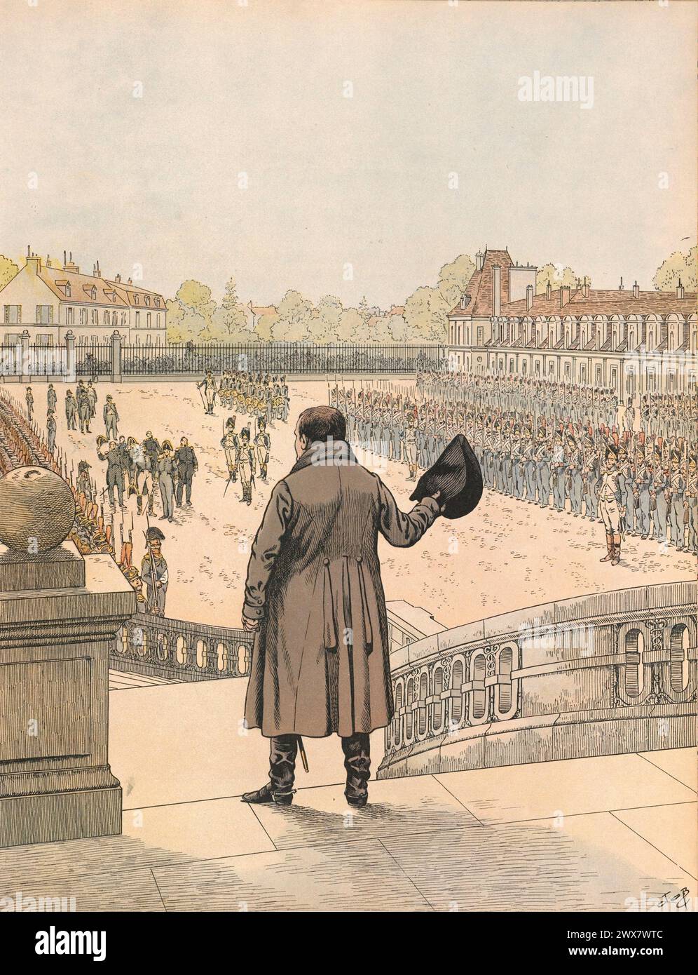 First abdication of Napoleon I after the military failure of the French campaign. 20 April 1814  Illustration by Job from the book 'Napoléon' written by Georges Montorgueil, published in 1921 by Boivin (Paris). Stock Photo
