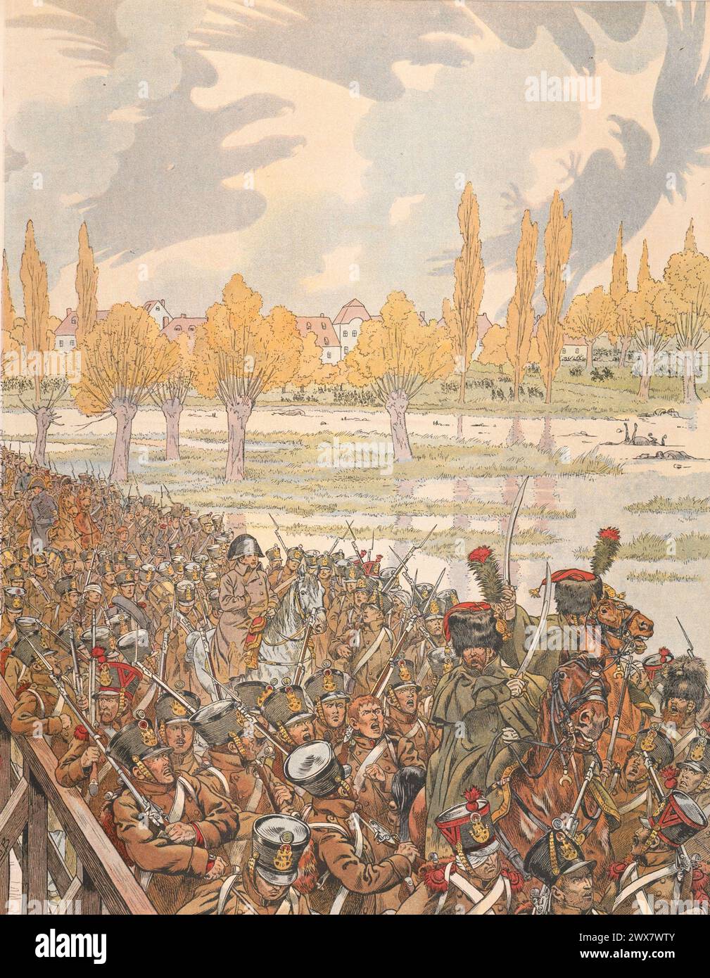 Battle of Leipzig: Napoleon I decided to retreat his army and a flood of soldiers crossed the only possible route: the Elster bridge, on 19 October 1813.  Illustration by Job from the book 'Napoléon' written by Georges Montorgueil, published in 1921 by Boivin (Paris). Stock Photo