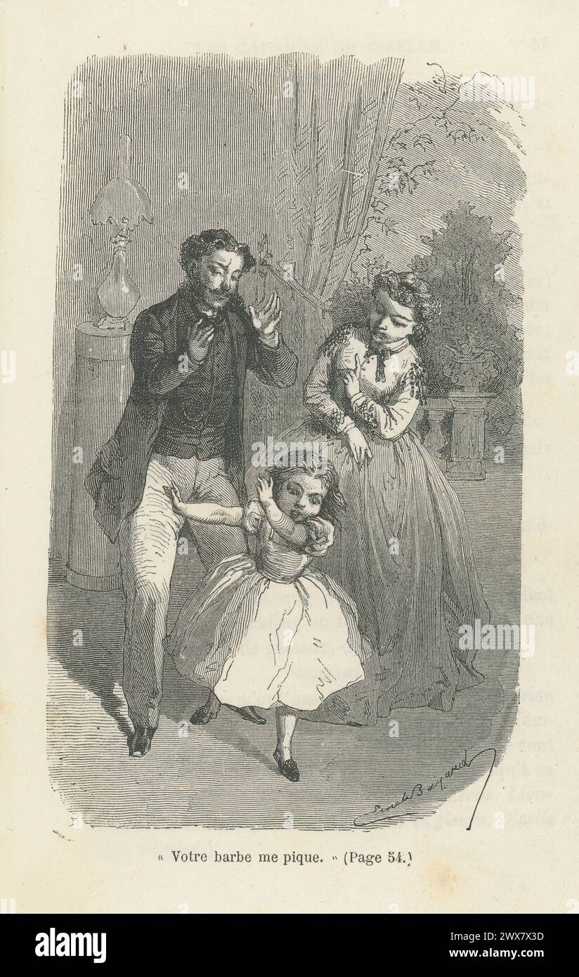 Gizelle pushes her father away. 'Les Caprices de Gizelle', Act II, scene I.  Illustration from 'Comédies et proverbes', written by the Countess of Ségur in 1865. 1881 edition illustrated by Emile Bayard and published by Hachette. Stock Photo