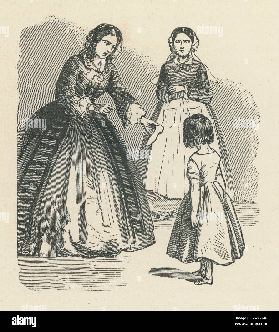 'Speak up, Sophie; explain how that pin got there?'  Illustration from 'Les malheurs de Sophie', written by the Countess of Ségur in 1858. 1880 edition illustrated by Horace Castelli and published by Hachette. Stock Photo