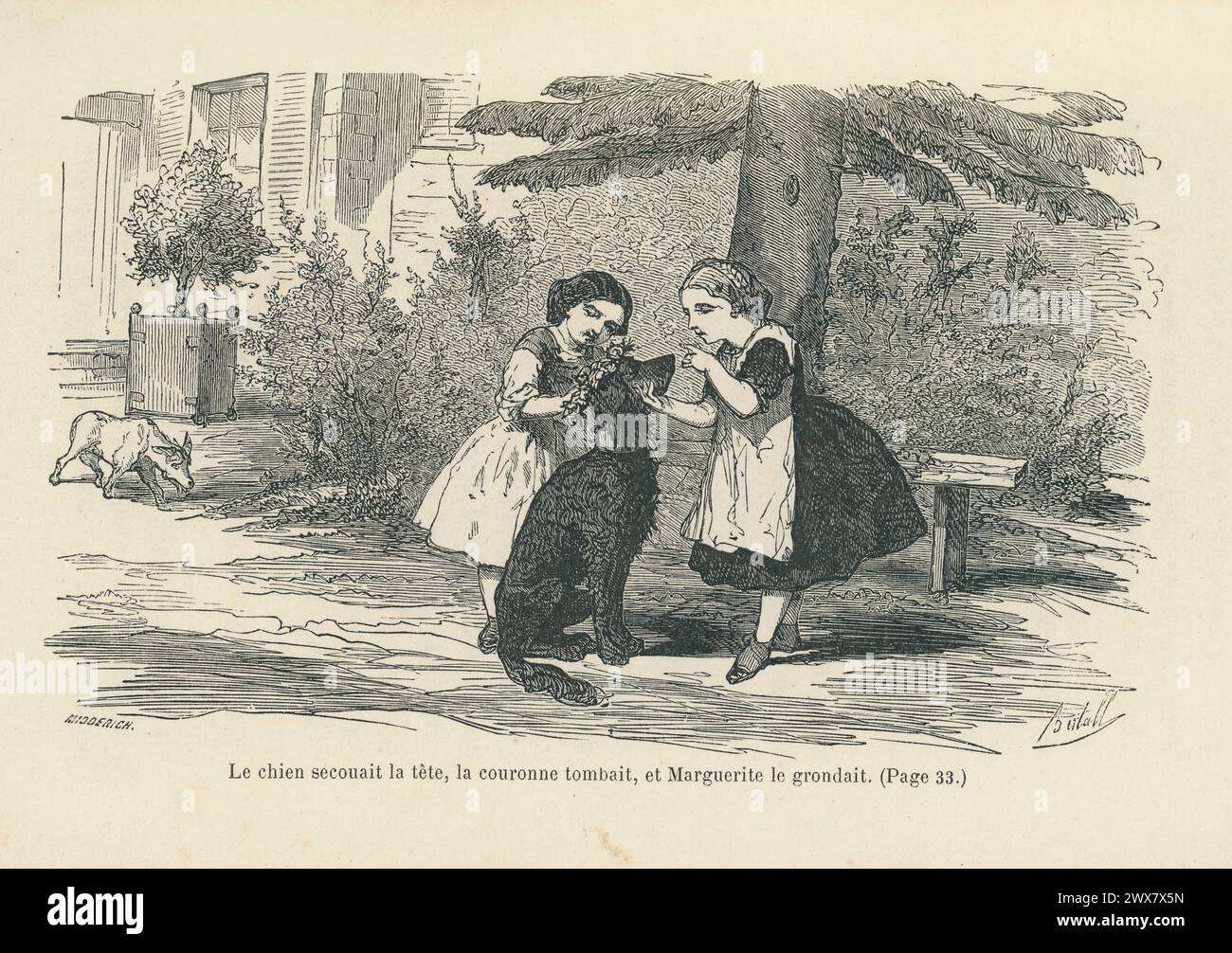 'The dog shook his head, the crown fell, and Marguerite scolded him.'  Illustration from 'Les petites filles modèles', written by the Countess of Ségur in 1858. 1889 edition illustrated by Charles-Albert Bertall and published by Hachette. Stock Photo