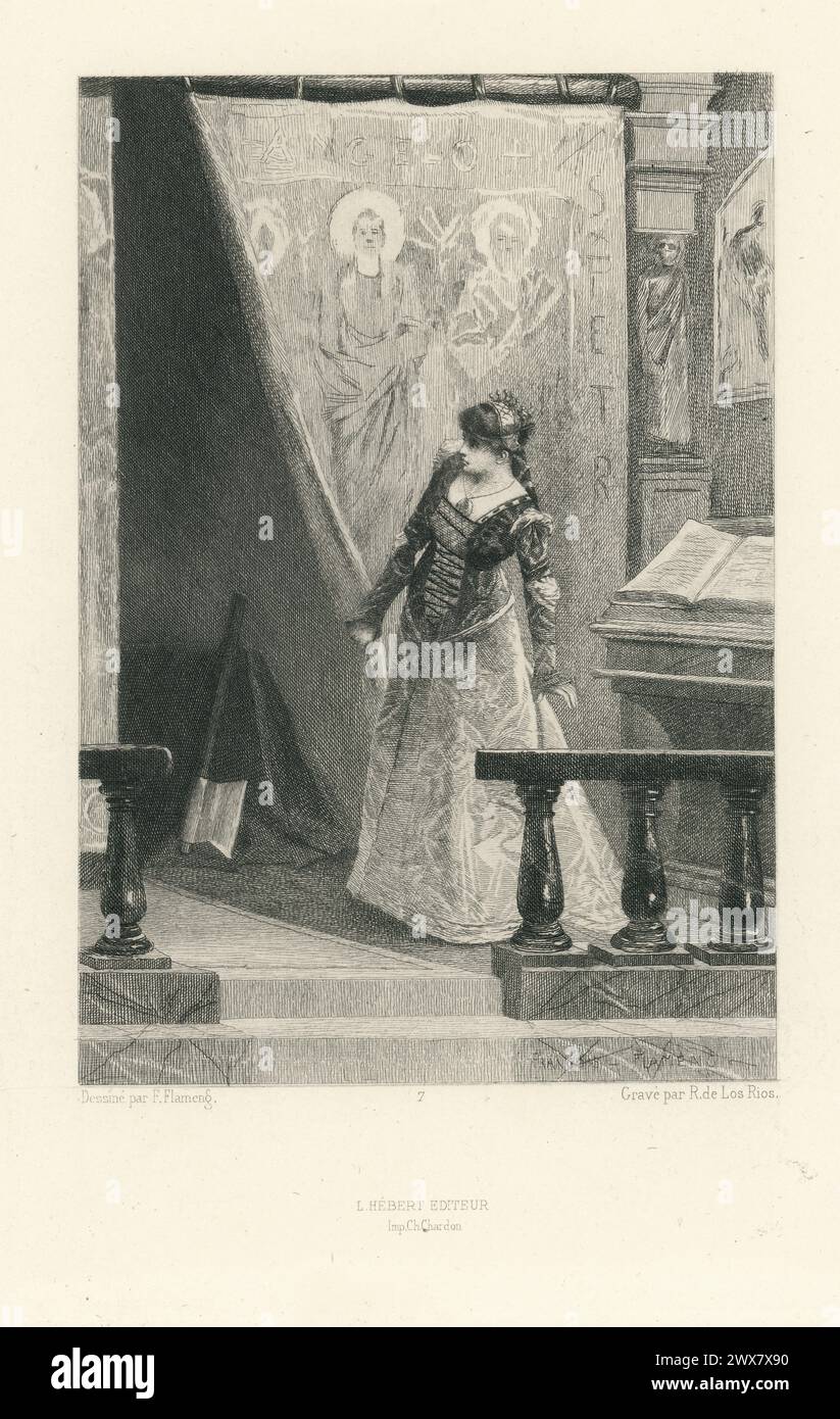 Angelo, Tyrant of Padua, Day III, scene V : 'White for black'.  Etched plate 7, published in Victor Hugo's 'Oeuvres complètes', third series, Paris, L. Hébert éditeur (circa 1885).  Engraving by Ricardo de Los Rios, after François Flameng. Stock Photo