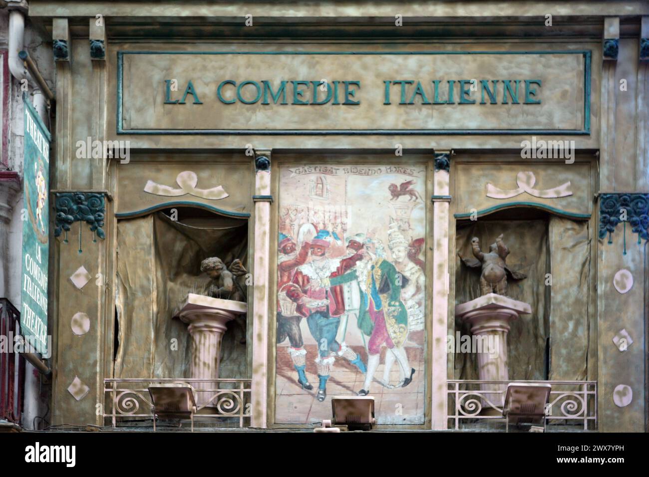 tourism, France, paris 14th arrondissement, montparnasse, rue de la gaite, street, theatre, la comedie italienne, ornate front, comedia del arte Stock Photo