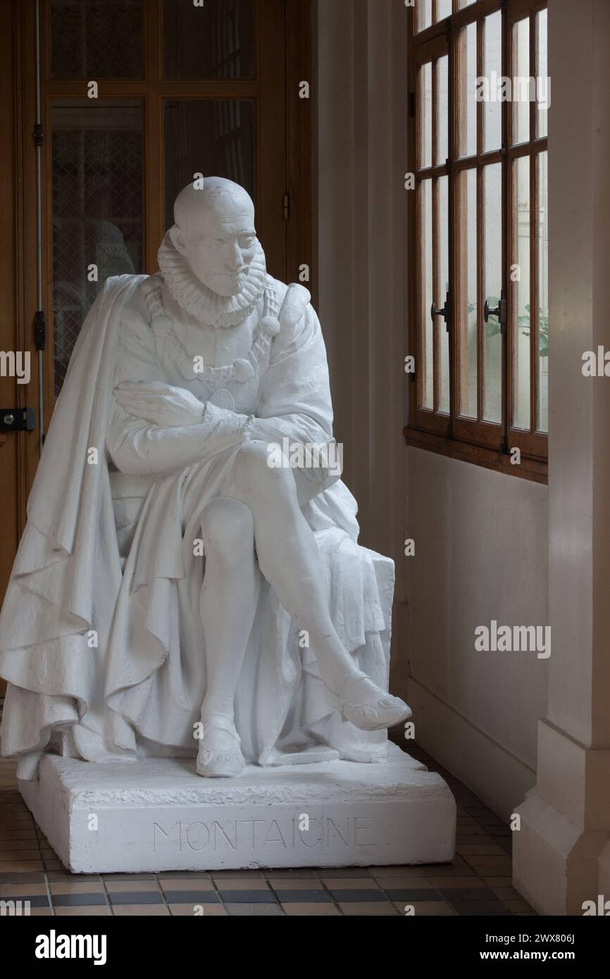 Paris, rue auguste comte, lycee montaigne, statue of Montaigne in the ...
