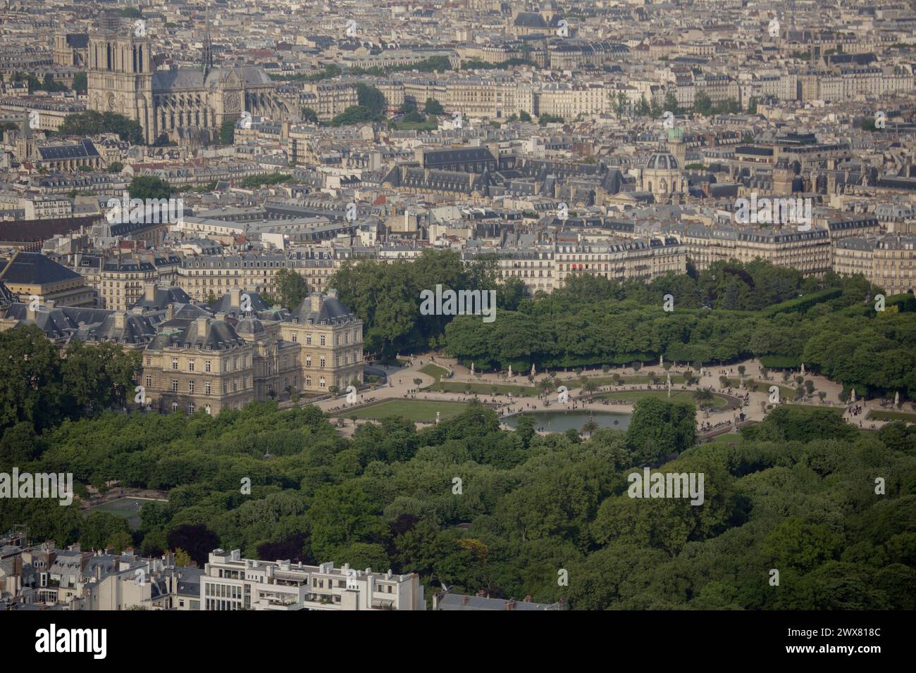 Aerial view of Paris from the 56th floor of the Tour Montparnasse, 6th arrondissement, Jardin du Luxembourg, French Senate, Palais du Luxembourg Stock Photo