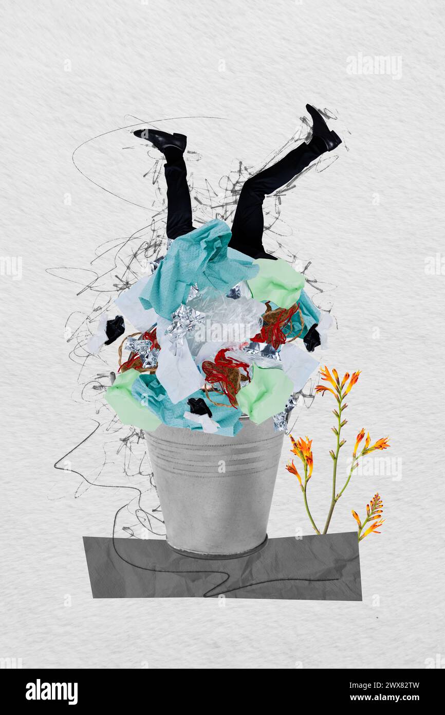 Vertical creative composite funny photo collage of man fall upside down into trash can with plastic rubbish isolated on painted background Stock Photo