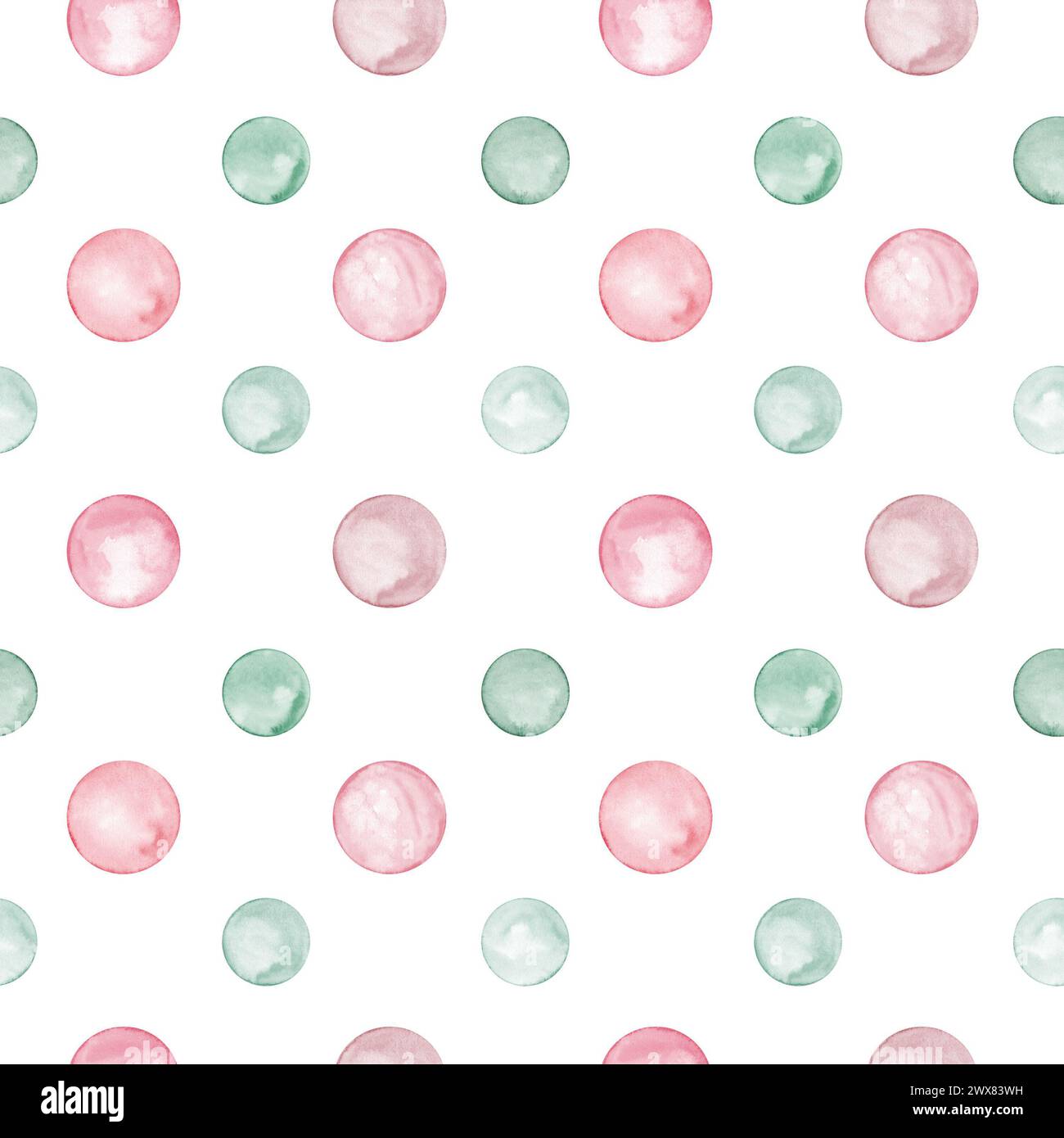 Pink, green polka dots. Circles in soft pastel colors. Seamless pattern. Creative minimalist style. Splashes, round doodle spots. Stock Photo