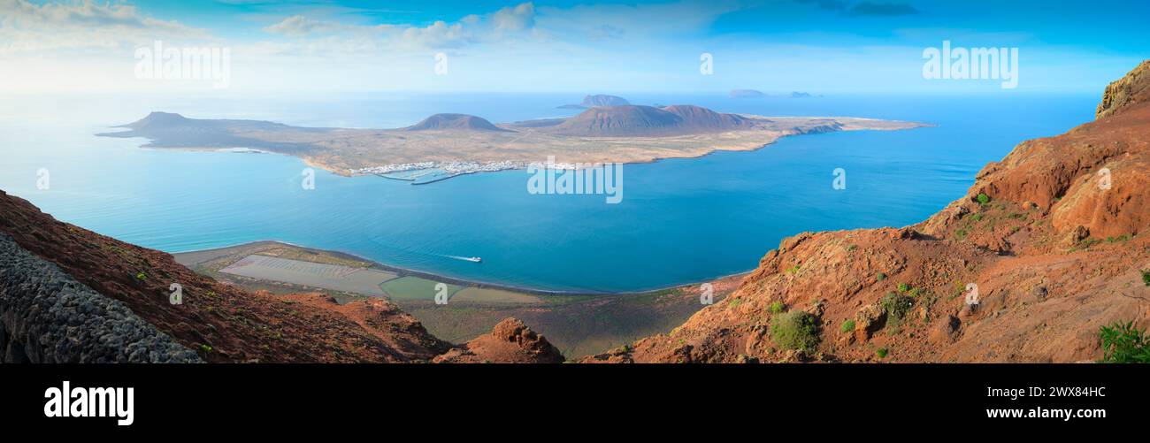 Looking oout to the volcanic islands of Graciosa, Alegranza from Mirador de Rio, Lanzarote Stock Photo