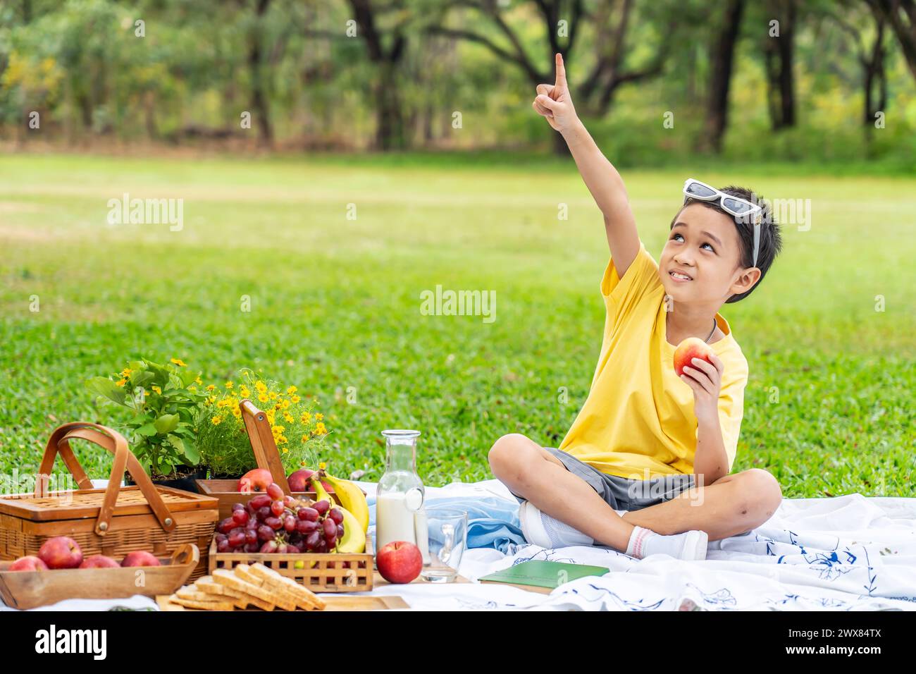 A child sits on a blanket with an apple and a bottle of milk Stock Photo
