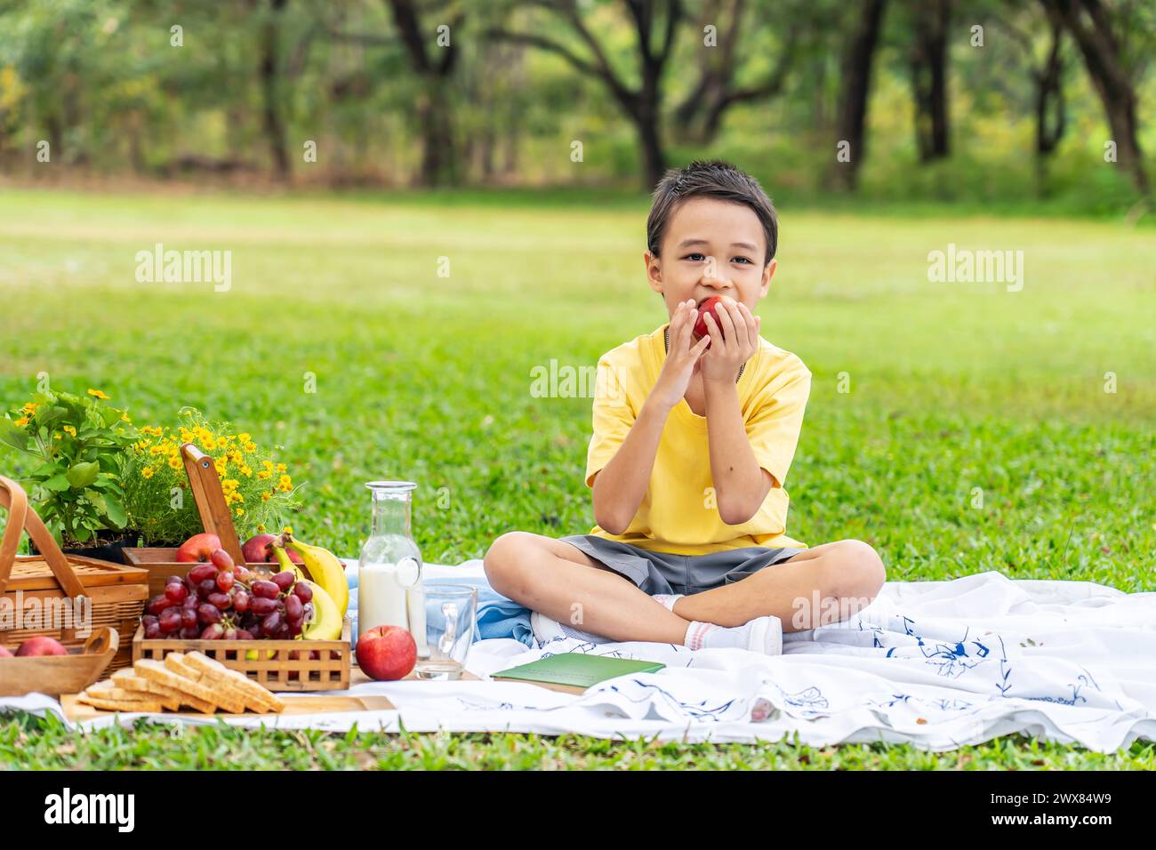A young man relaxing on grass with snacks and beverages Stock Photo