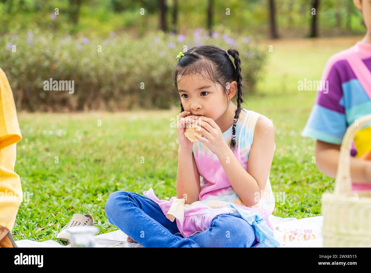 Two young girls on a picnic blanket outdoors Stock Photo