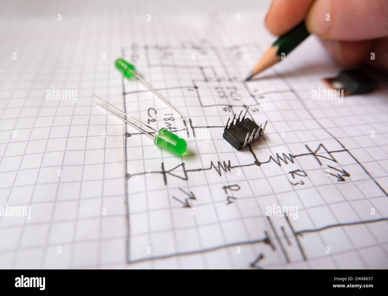 Hand drawn electronic circuit diagram and semiconductor components ...