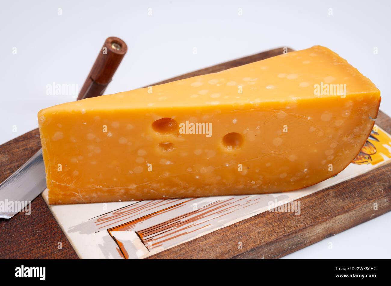 Cheese collection, Dutch very old 1000 days ripe hard cheeses made from cow milk in the Netherlands close up Stock Photo