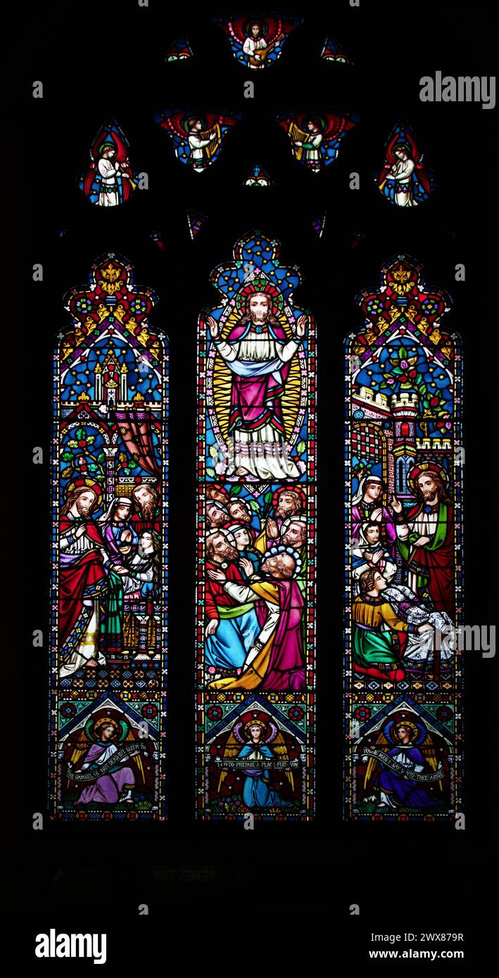 Stained Glass Window Depicting The Raising Of Jairus' Daughter, The Ascension of Jesus, The Raising of Widows Son At Nain, 1871, St Thoams Church Lymi Stock Photo