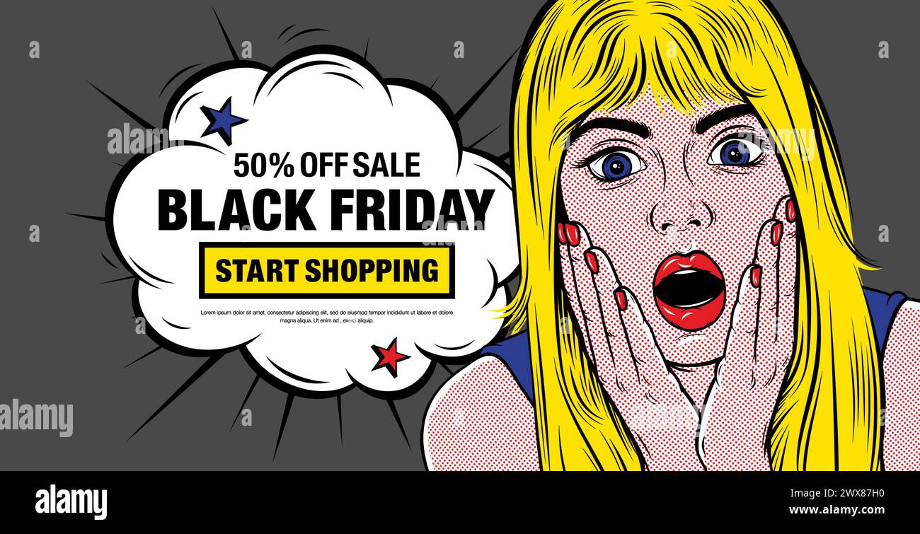 'Get Extra 70% Off. Super Sale. Use code sale in stores and online' Banner with Surprised Blonde Girl (retro comic art style) in pop art style. Stock Vector