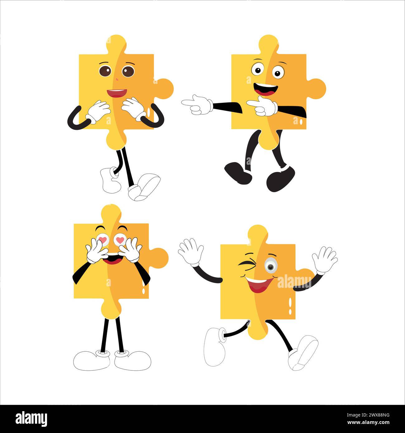 Puzzles faces. Funny bright puzzle pieces characters cute smile or