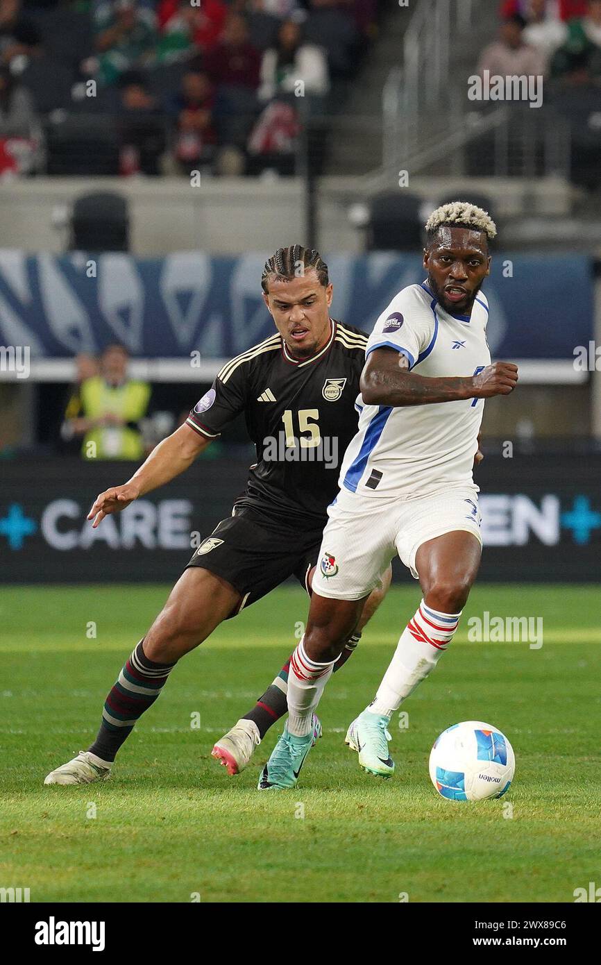 Arlington, United States. 24th Mar, 2024. March 24, 2024, Frisco, Texas: Jose Rodriguez #7 of Panama and Joel Latibeaudiere #15 of Jamaica battle for the ball during 3rd Place Concacaf Nations League match between Jamaica and Panama at Toyota Stadium. Jamaica won 1-0. on March 24, 2024, Frisco, Texas. (Photo by Javier Vicencio/Eyepix Group/Sipa USA) Credit: Sipa USA/Alamy Live News Stock Photo