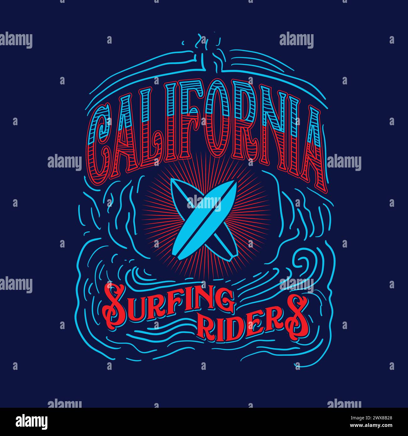 Surf Graphics California Surfing Riders Vintage Typographic poster t shirt print graphic design vector Stock Vector