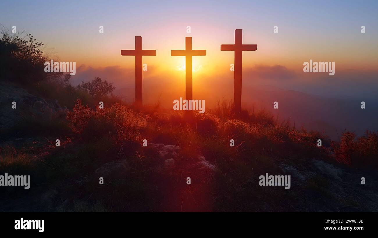 Three crosses on a hill at sunset with clouds on blue sky . Easter, resurrection, new life, redemption concept. Stock Photo