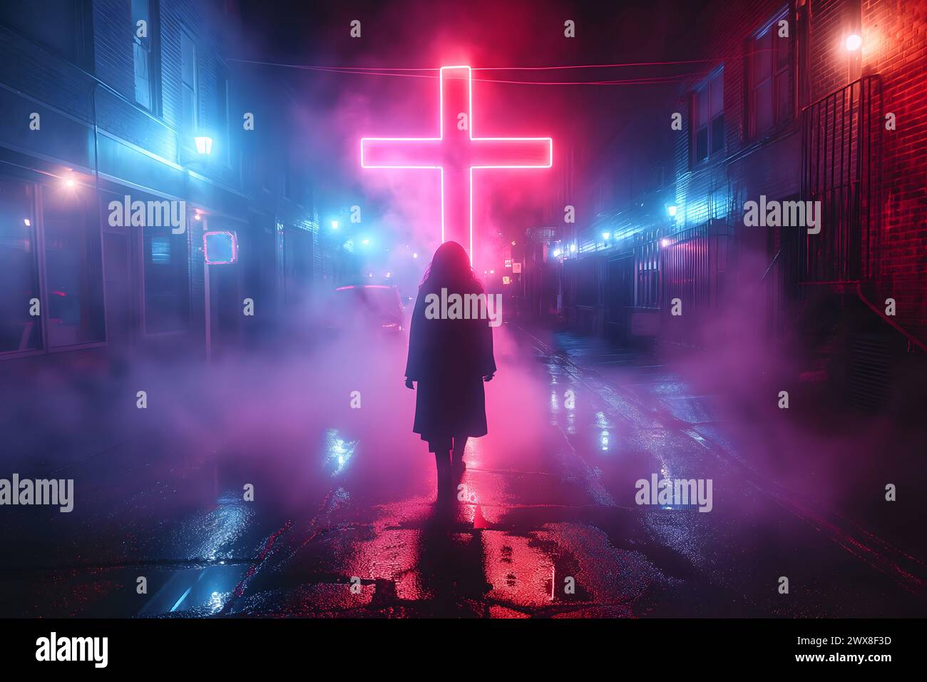 Woman on street walking to cross in the city at night. Woman looking for God. Christian woman, faith, hope, spirituality concept. Stock Photo