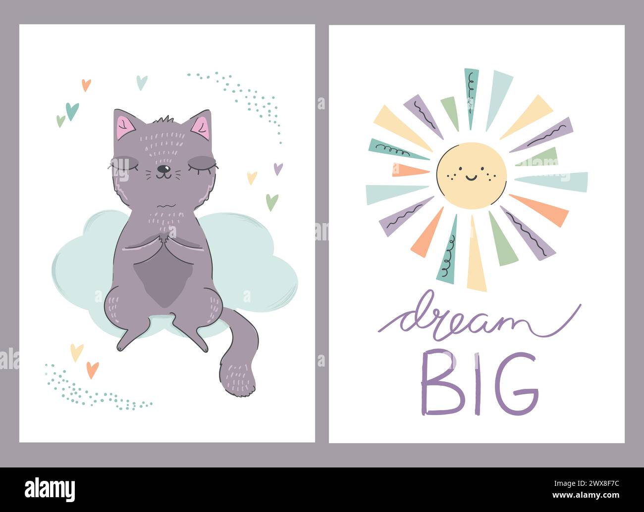 Cute baby cards with a cat and rainbow colored sun. Dream big hand drawn quote. For baby shower, invitations, greeting cards. Vector illustrations. Stock Vector