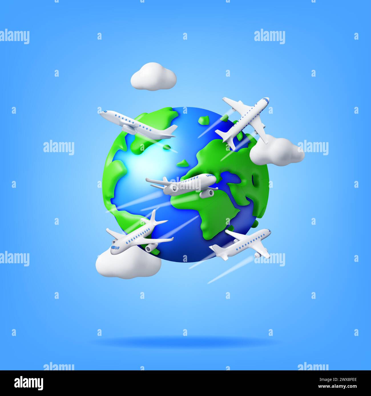 3D Airplane in Clouds and Globe Isolated Stock Vector