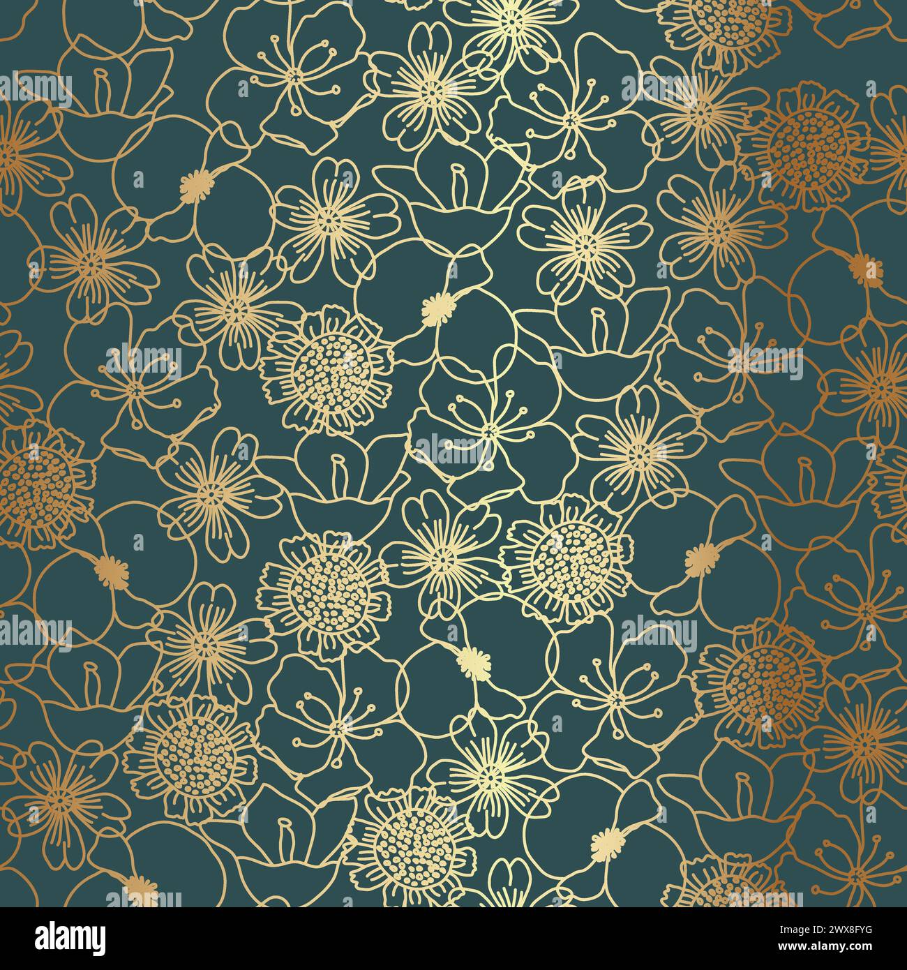 Gold Thin Outline Floral Pattern Background Stock Vector